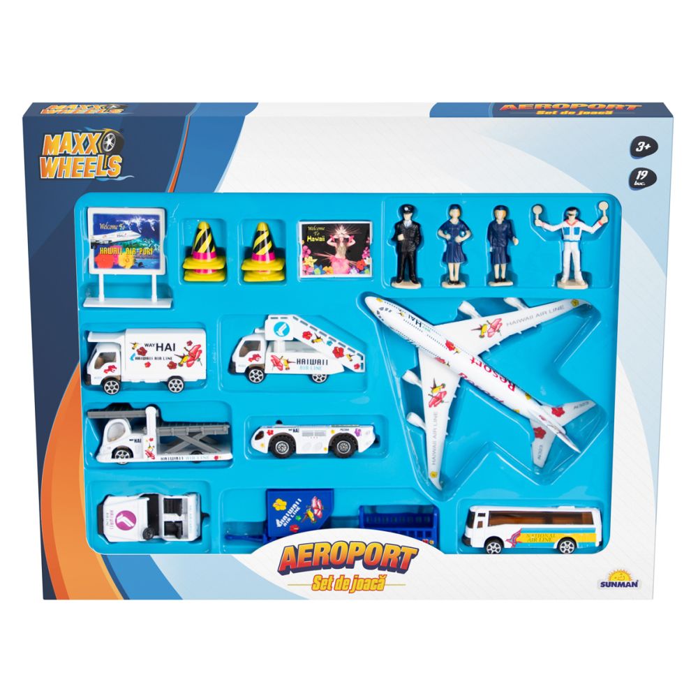 Комплект за игра с превозни средства и аксесоари, Maxx Wheels, Летище, 19 части