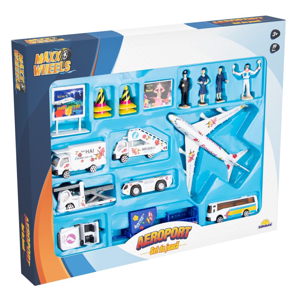 Комплект за игра с превозни средства и аксесоари, Maxx Wheels, Летище, 19 части
