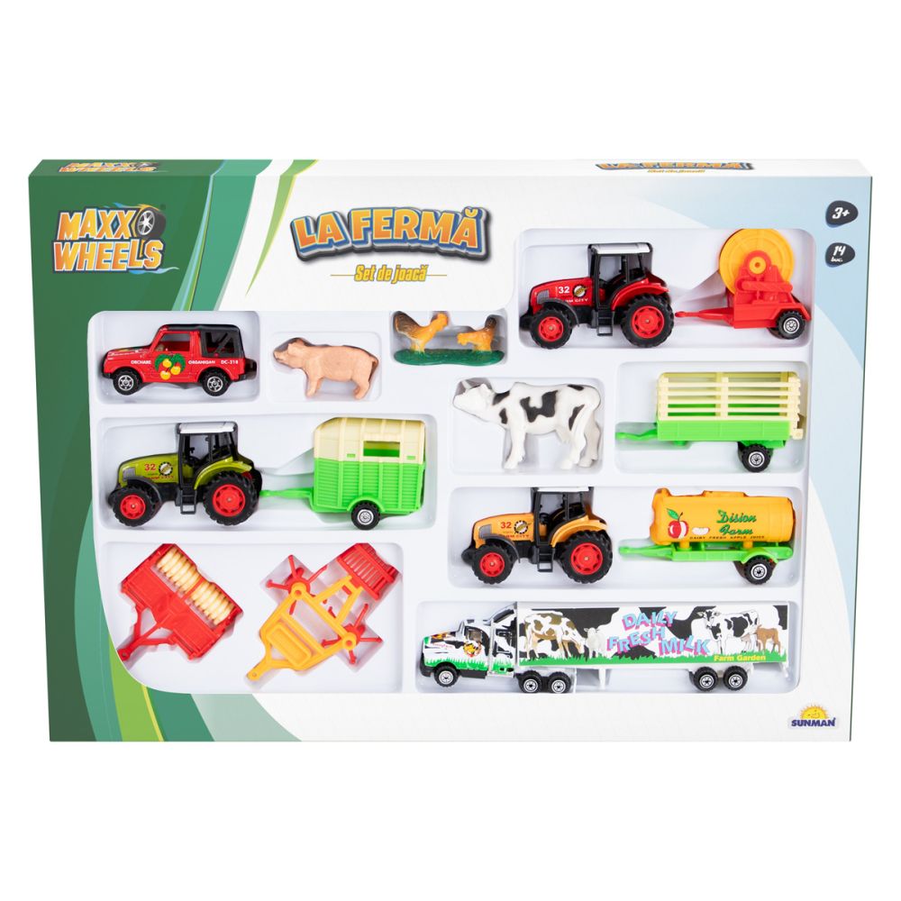 Комплект за игра със селскостопански превозни средства, Maxx Wheels, 14 части