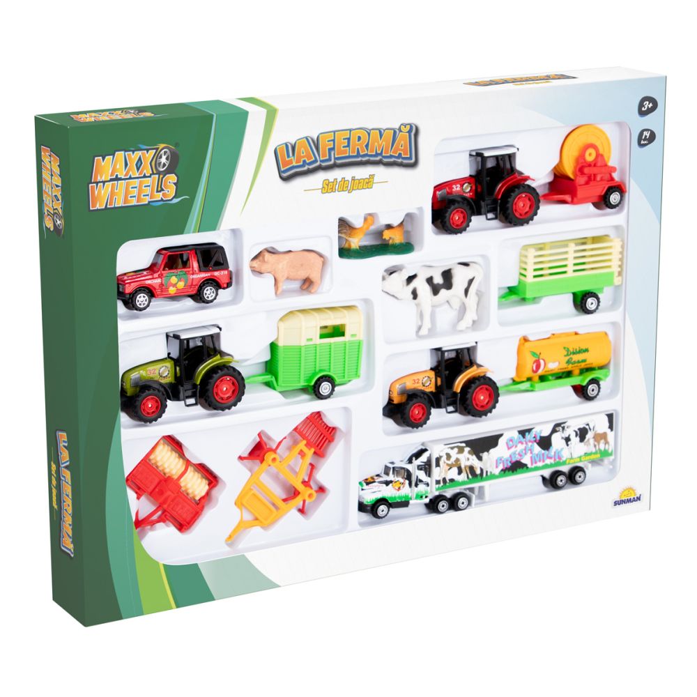Комплект за игра със селскостопански превозни средства, Maxx Wheels, 14 части