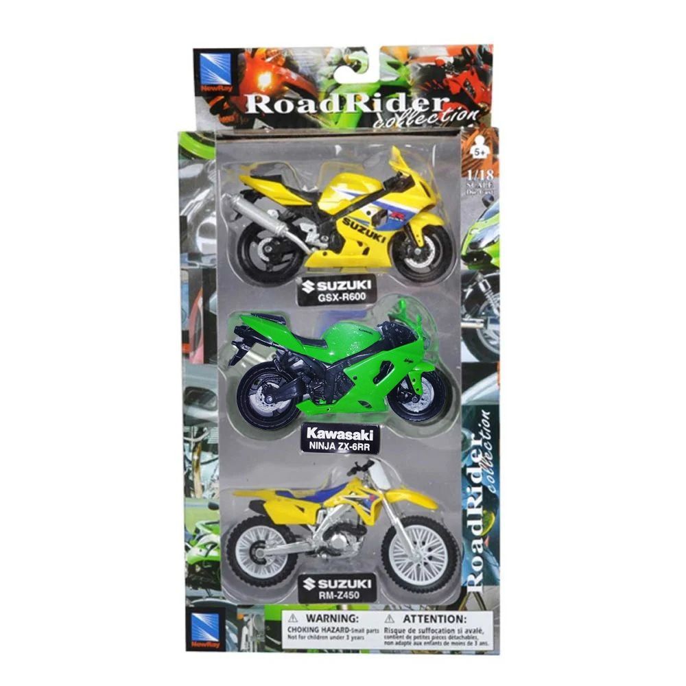Комплект 3 метални мотоциклета, New Ray, Yamaha Kawasaki Suzuki, 1:18