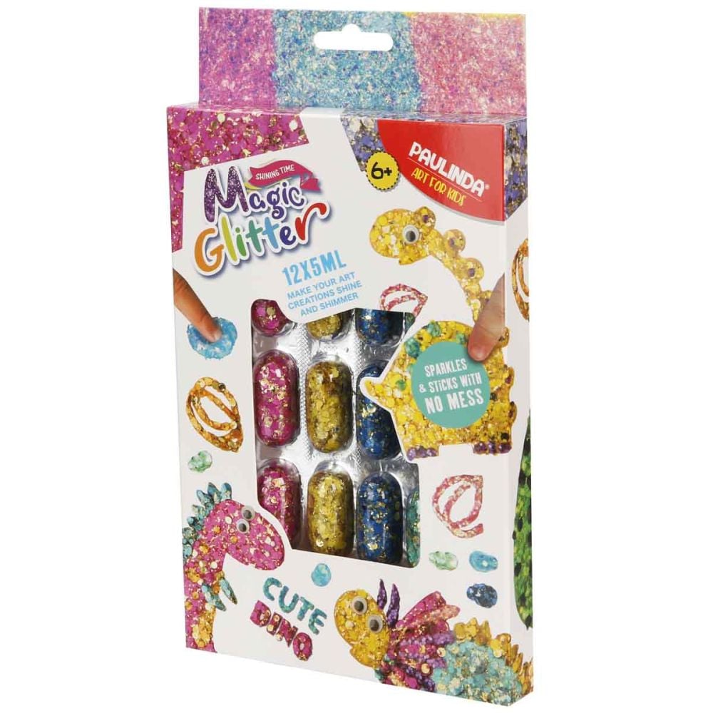 Творчески комплект с брокат Paulinda, Magic Glitter, Cute Dino, 12 x 5 мл