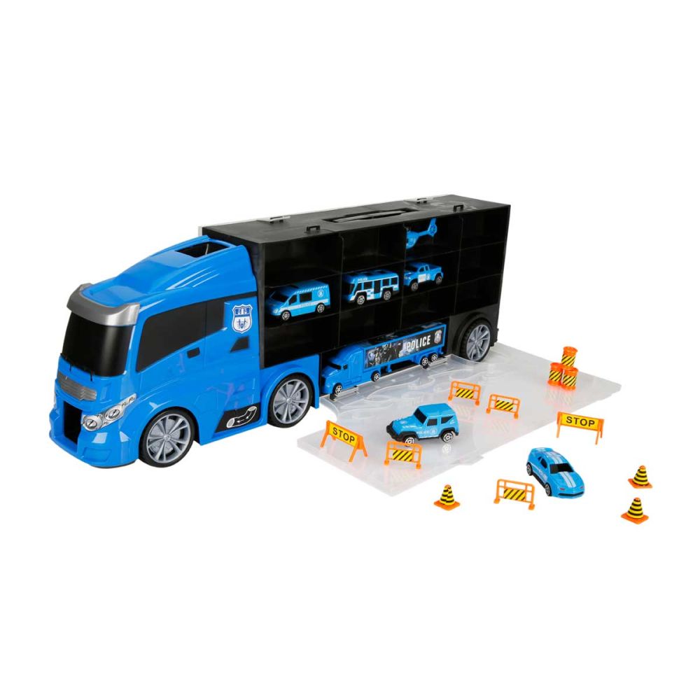 Транспортьор със 7 колички и 12 пътни знака, Maxx Wheels, Син, 60 см