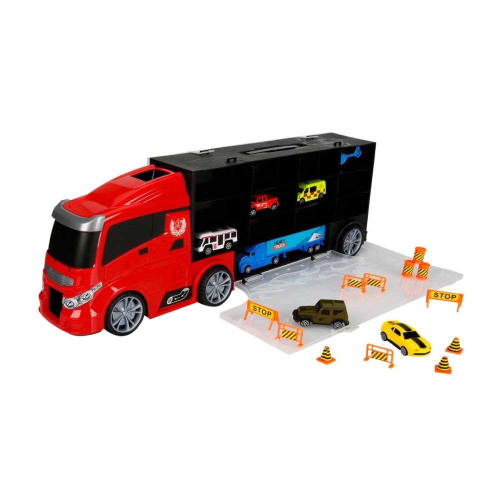 Транспортьор със 7 колички и 12 пътни знака, Maxx Wheels, Червен, 60 см