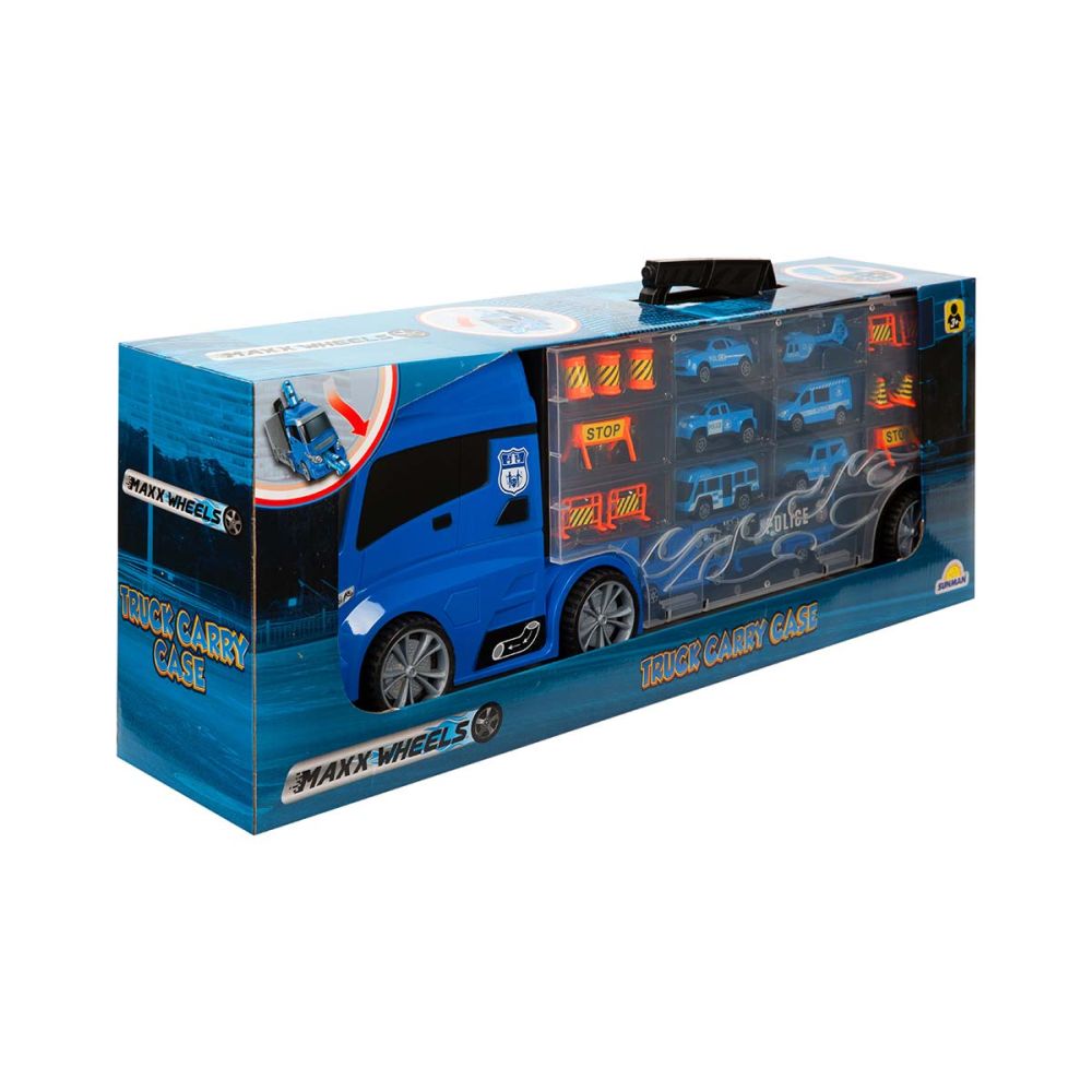 Транспортьор със 7 колички и 12 пътни знака, Maxx Wheels, Син, 60 см