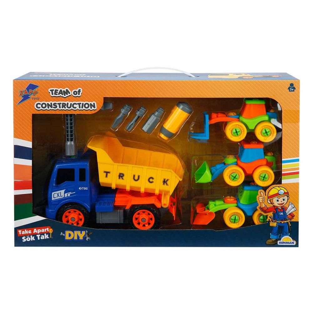 Комплект 4 строителни превозни средства и аксесоари, Zapp Toys, Самосвал