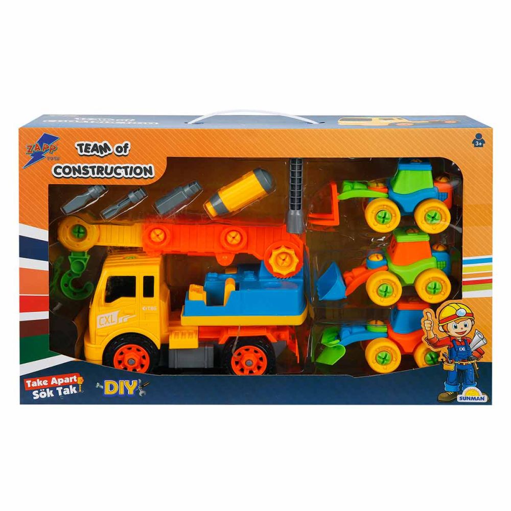 Комплект 4 строителни превозни средства и аксесоари, Zapp Toys, Кран