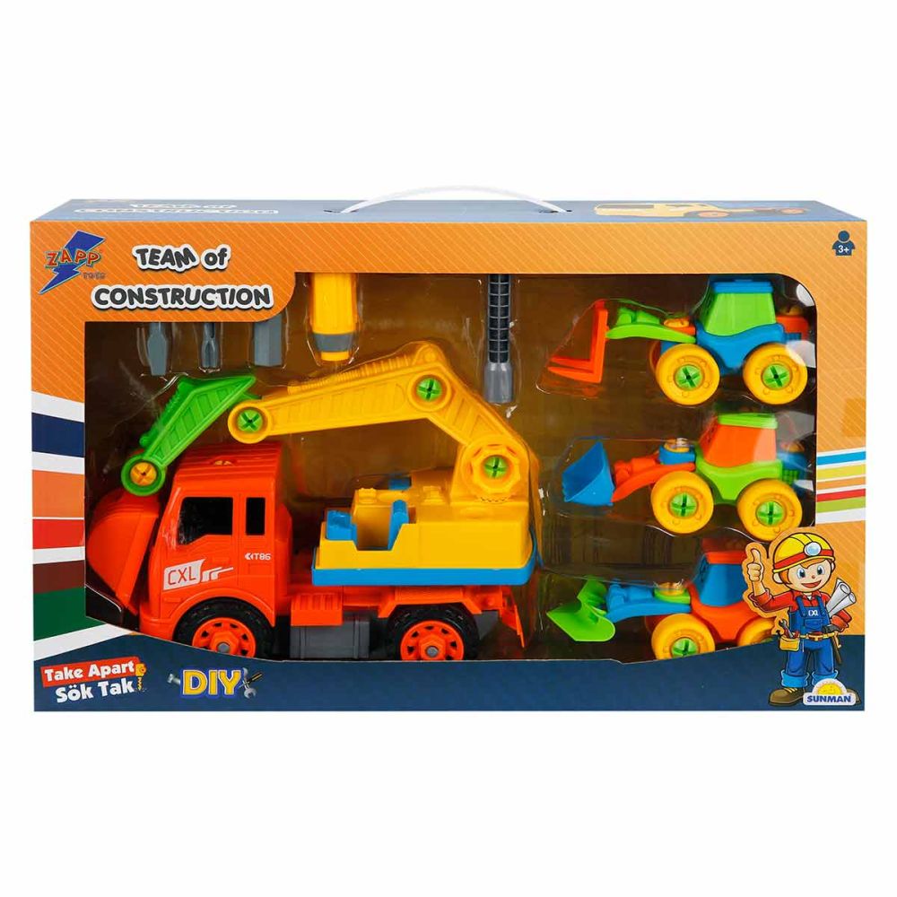Комплект 4 строителни превозни средства и аксесоари, Zapp Toys, Багер