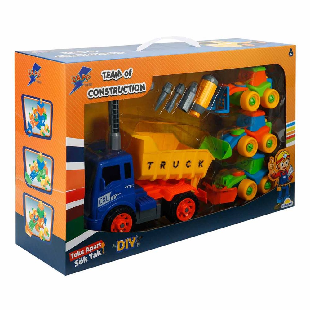 Комплект 4 строителни превозни средства и аксесоари, Zapp Toys, Самосвал