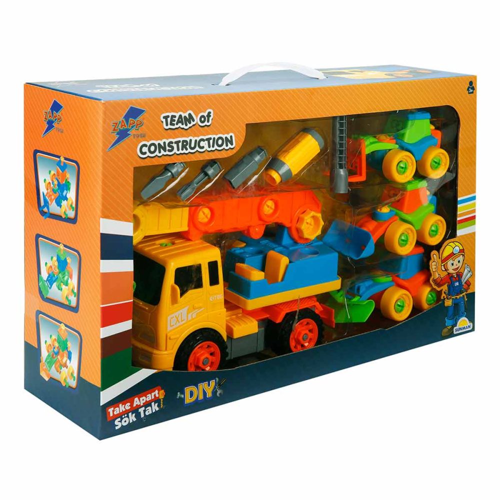 Комплект 4 строителни превозни средства и аксесоари, Zapp Toys, Кран