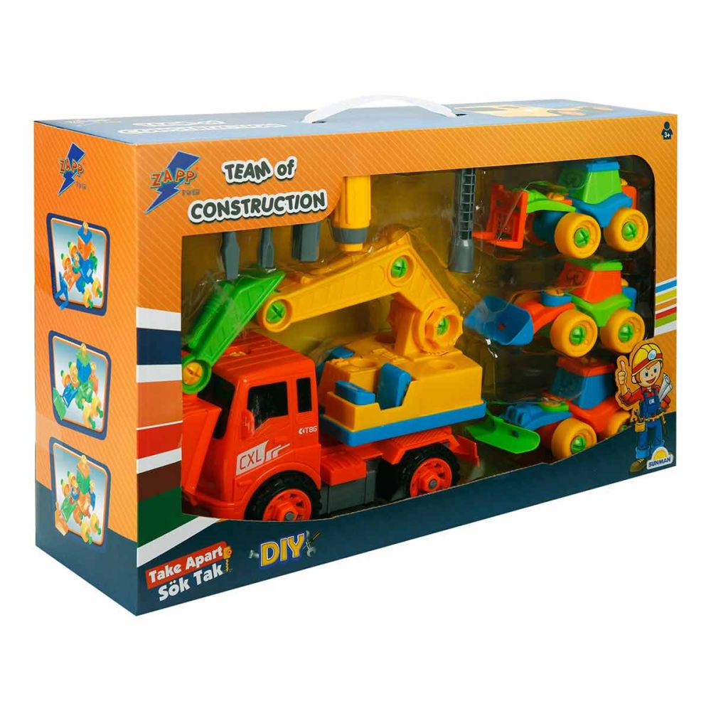 Комплект 4 строителни превозни средства и аксесоари, Zapp Toys, Багер