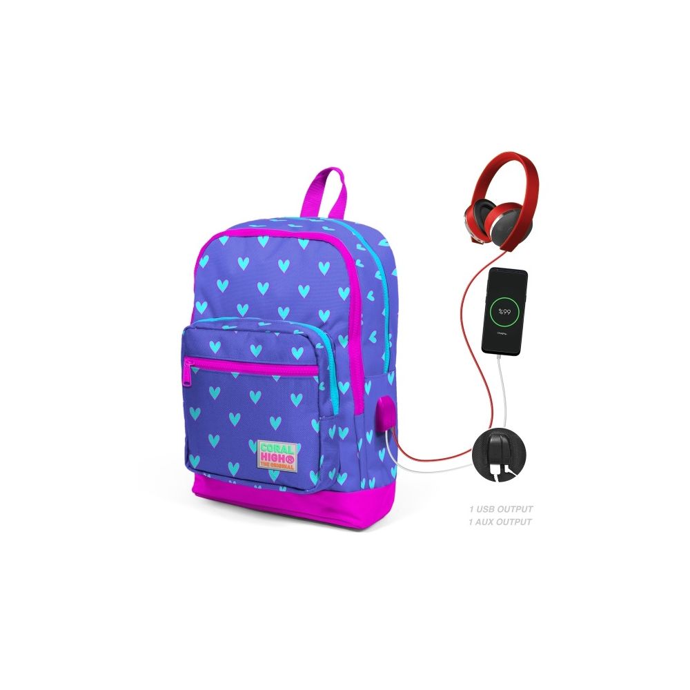 Раница с 4 отделения, Coral High, с USB, лилава със сини сърца