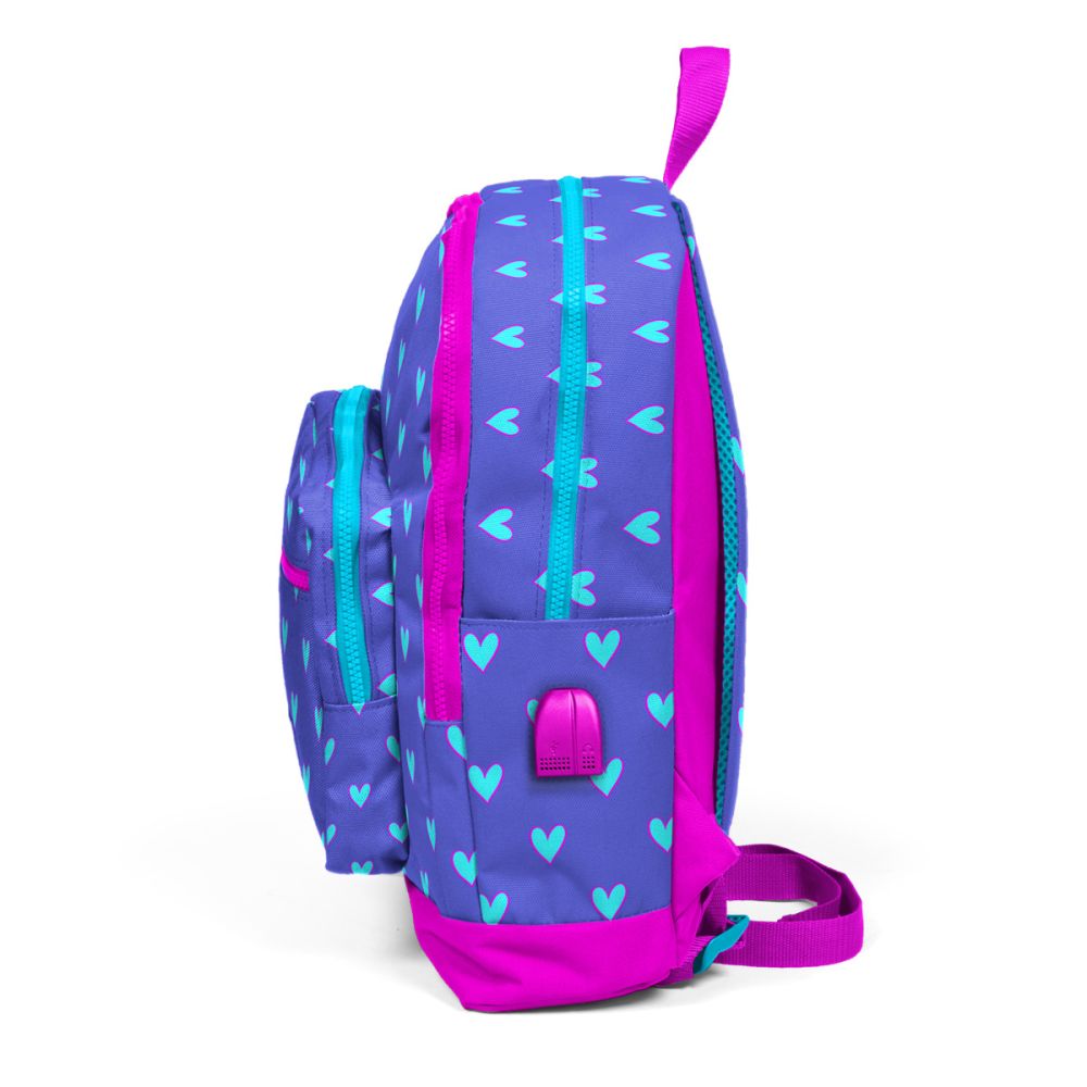 Раница с 4 отделения, Coral High, с USB, лилава със сини сърца