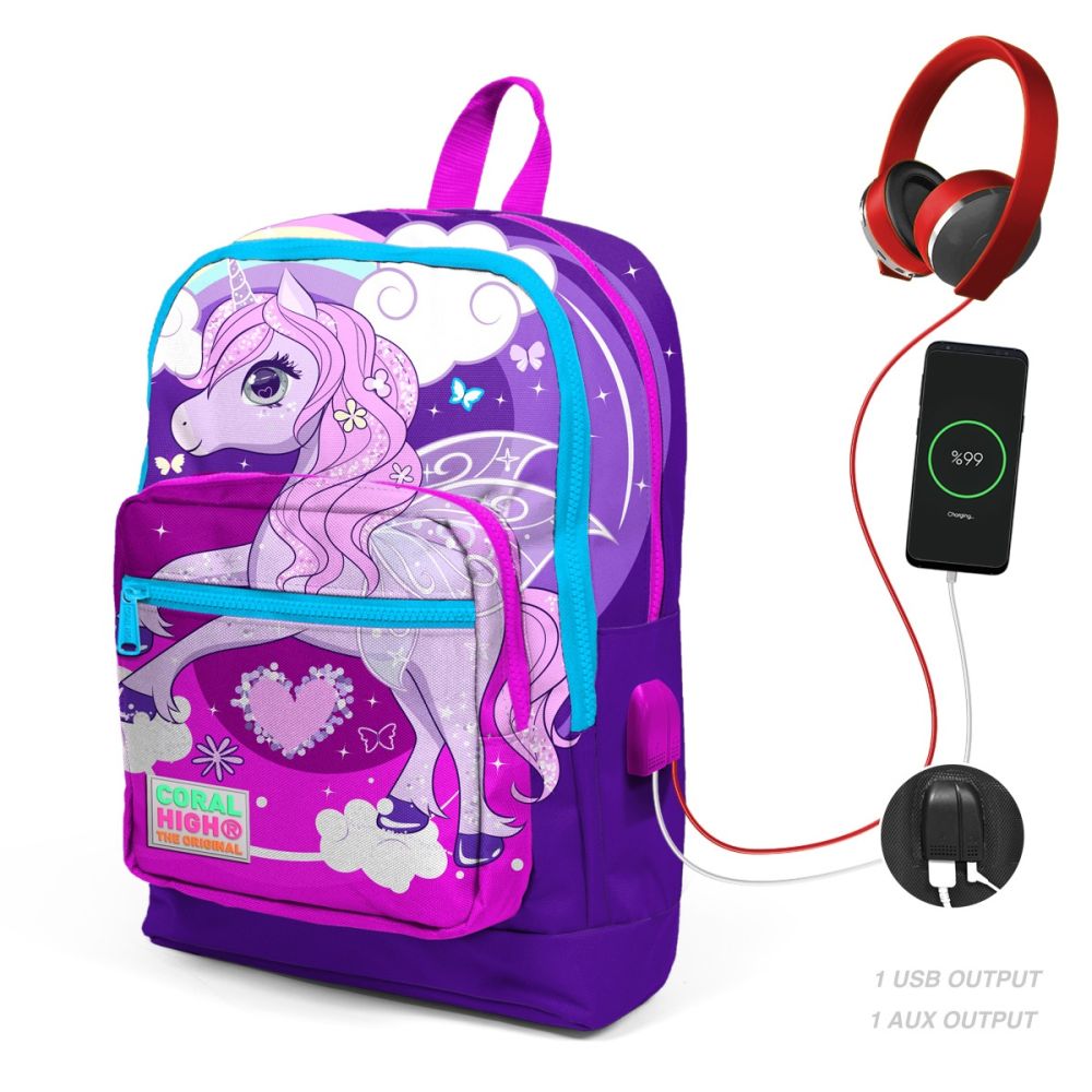 Раница с 4 отделения, Coral High, с USB, лилаво-розова с еднорог
