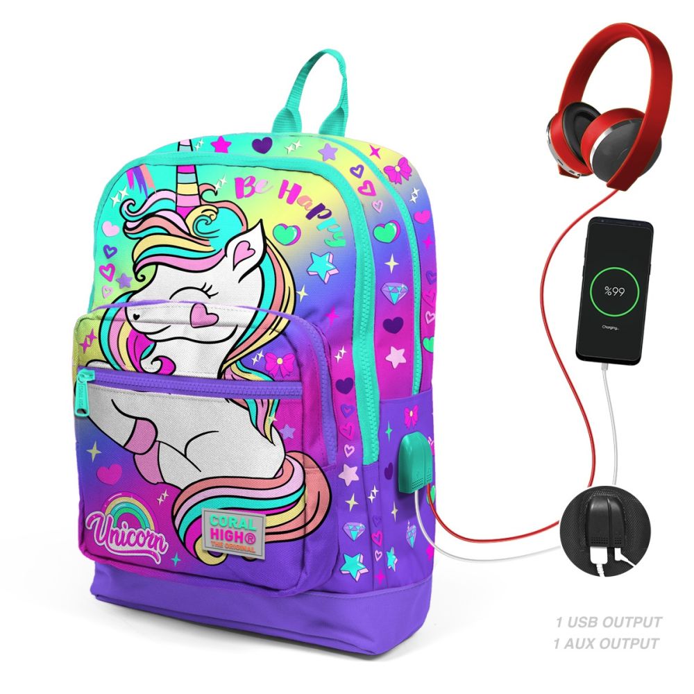 Раница с 4 отделения, Coral High, с USB, модел еднорог