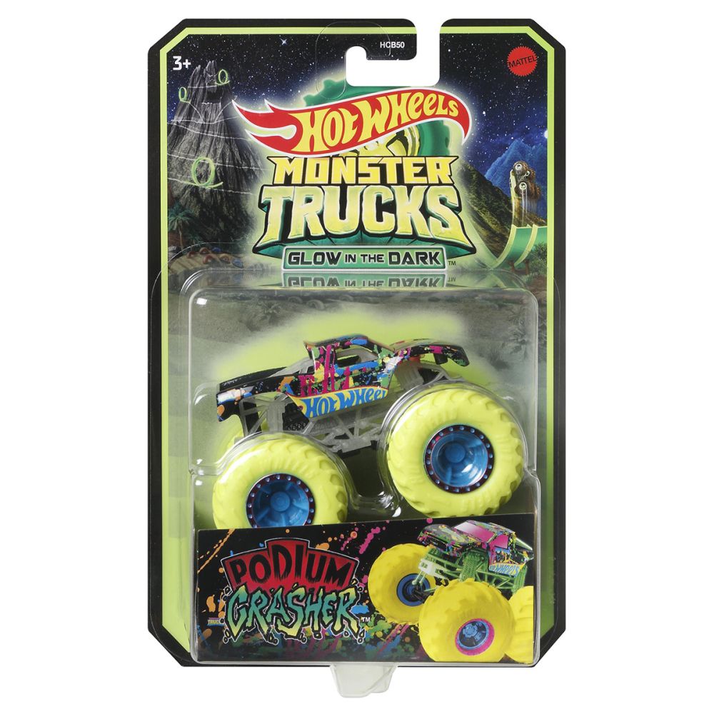 Количка Monster Trucks, Hot Wheels, Glow in the Dark, 1:64, Podium Crasher, HCB51