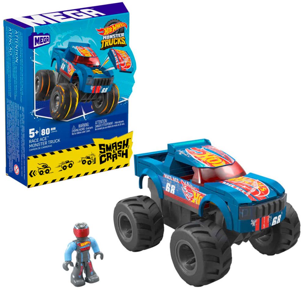 Строителен комплект с високопроходим автомобил, Hot Wheels, Monster Truck, Smash и Crash Race Ace, 85 части, HMM49