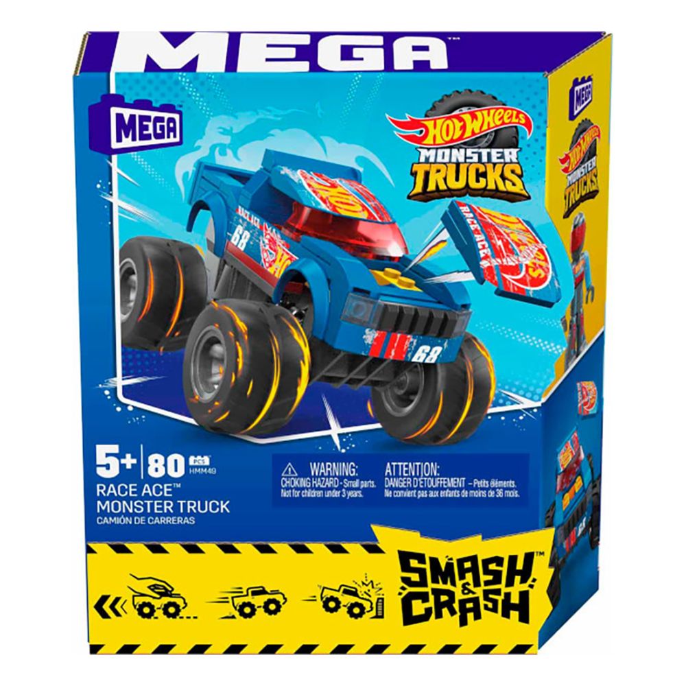 Строителен комплект с високопроходим автомобил, Hot Wheels, Monster Truck, Smash и Crash Race Ace, 85 части, HMM49
