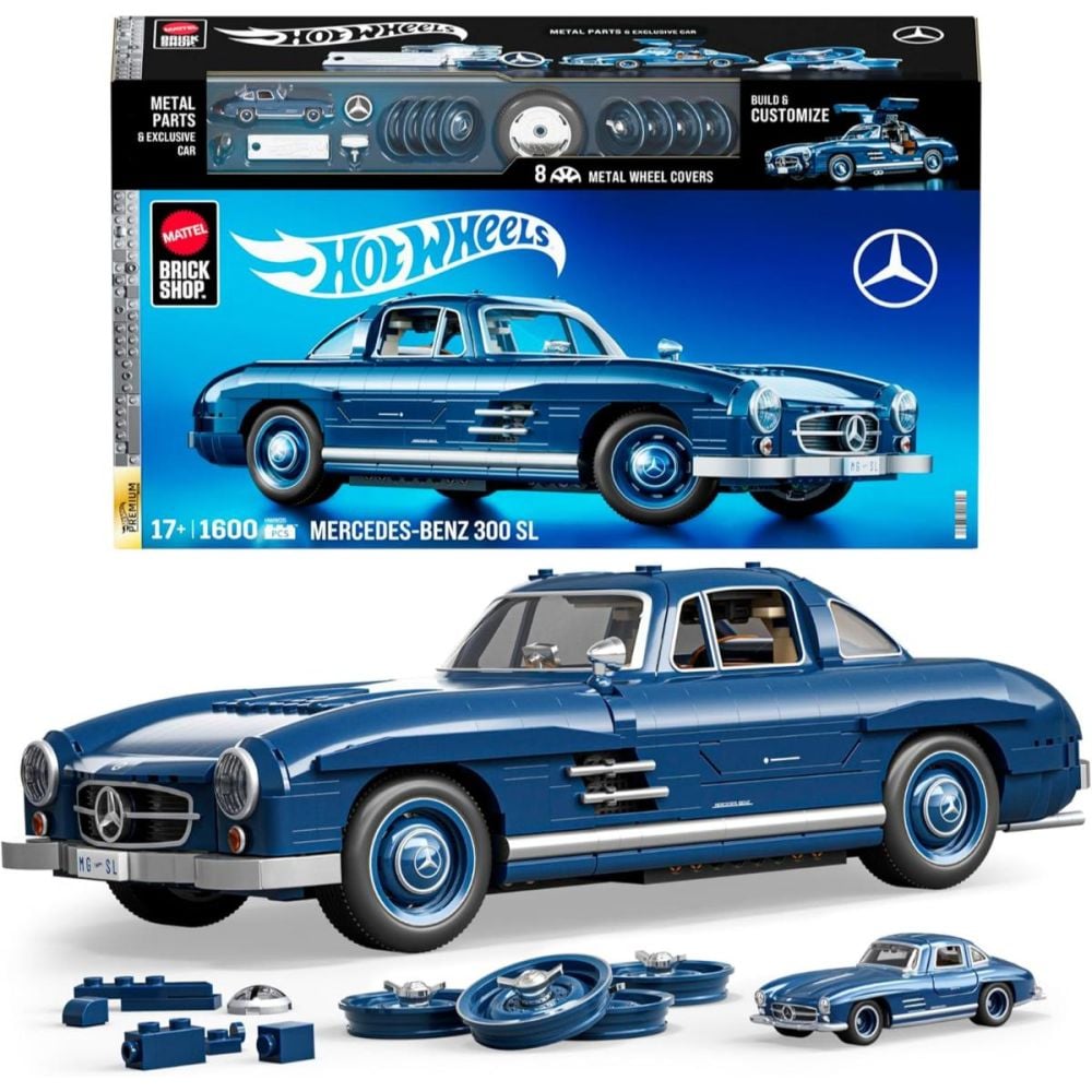 Конструктивен комплект и метална количка, Brick Shop, Hot Wheels, Mercedes Benz 300 SL, HWW25