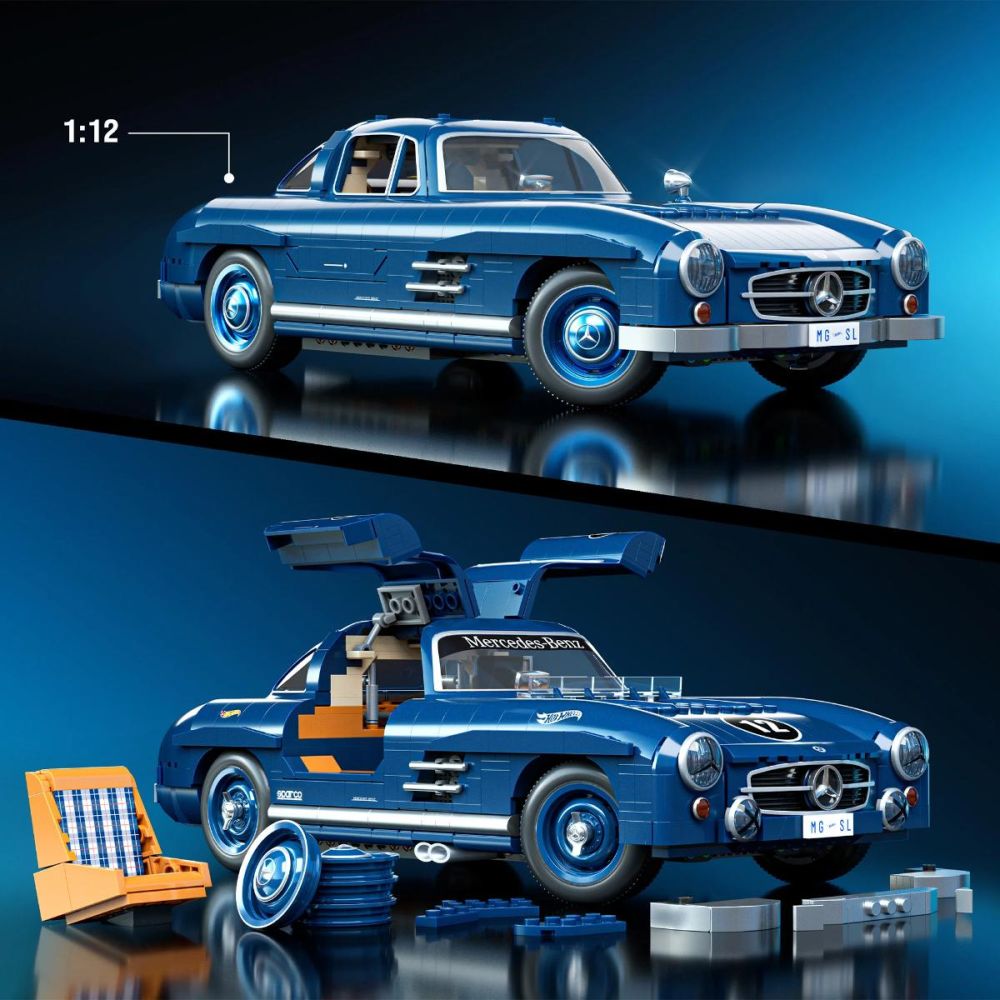Конструктивен комплект и метална количка, Brick Shop, Hot Wheels, Mercedes Benz 300 SL, HWW25
