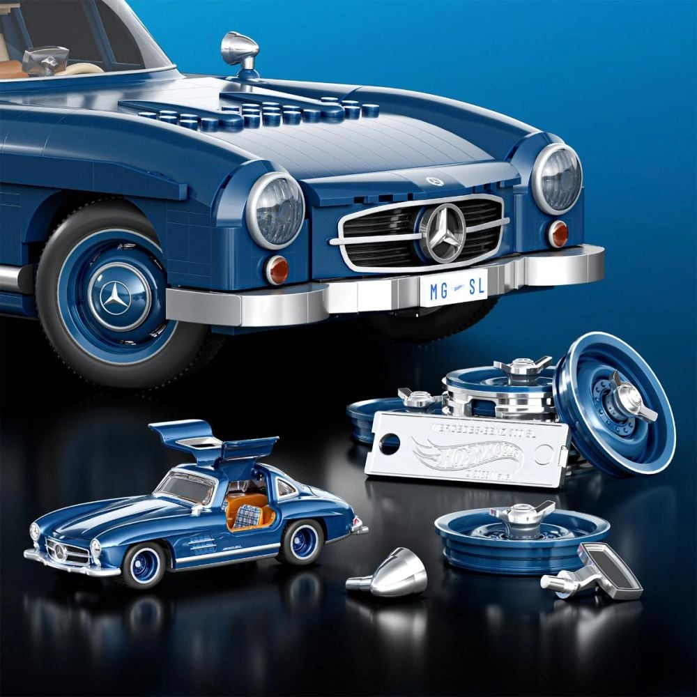Конструктивен комплект и метална количка, Brick Shop, Hot Wheels, Mercedes Benz 300 SL, HWW25