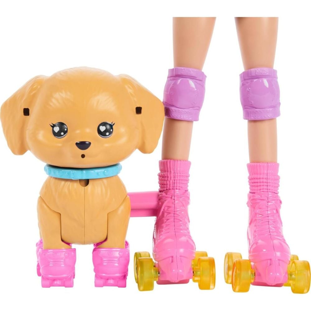 Комплект кукла с ролкови кънки и кученце, Barbie Pets, JMJ44