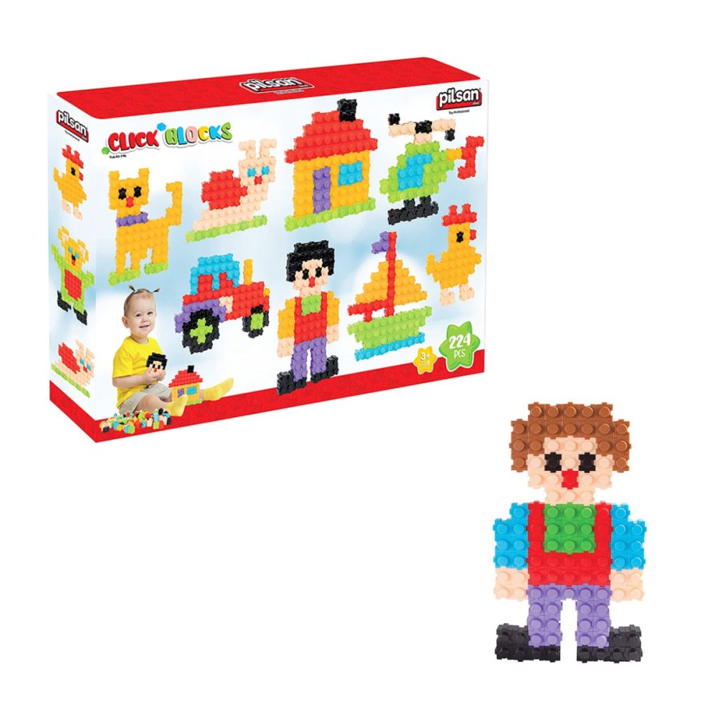 Комплект за игра, кутия със строителни блокчета, Click Blocks, Pilsan, 224 части