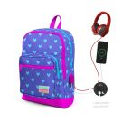 Раница с 4 отделения, Coral High, с USB, лилава със сини сърца
