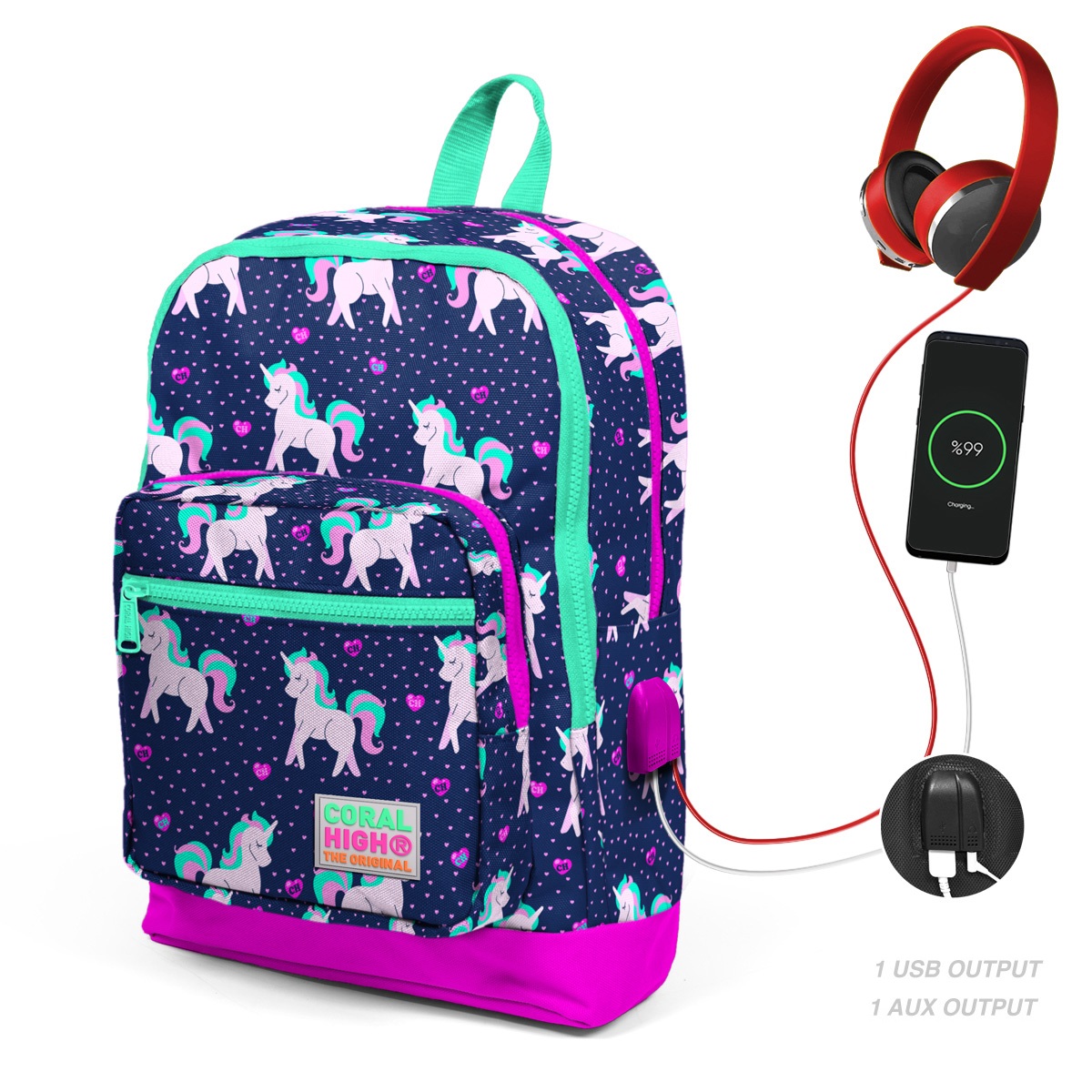 Раница с 4 отделения, Coral High, с USB, тъмносиня с еднорози